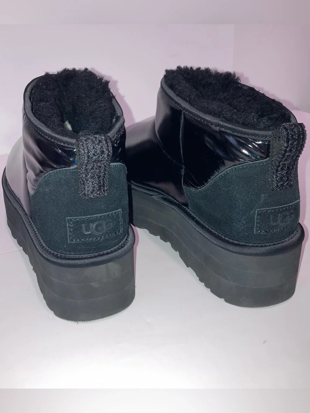 UGG Classic Ultra Mini Platform Black Hi Shine Plush Ankle Boot 1144048